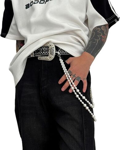 White Pearl Pants Chain Layered Pearl Waist Belt Goth Hip Hop Pants Chain for Men Jean Trouser Keychains Jewelry for Men Women Silver Biker Chain Pocket Chain for Pants in Saudi Arabia