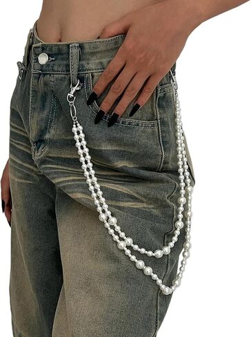 White Pearl Pants Chain Layered Pearl Waist Belt Goth Hip Hop Pants Chain for Men Jean Trouser Keychains Jewelry for Men Women Silver Biker Chain Pocket Chain for Pants in Saudi Arabia