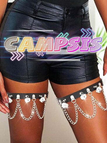 رباط الفخذ الجلدي من Campsis، رباط الساق الأسود، إكسسوار الجسم Bell Rave للنساء in Kuwait