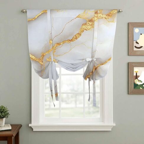 Marble Grey Tie Up Curtains for Window, Gold Texture Modern Crack Scenery Thermal Insulated Balloon Shade Adjustable Rod Pocket Curtains Valance Panels for Kitchen Bathroom Café 34'' x 45'' in Saudi Arabia