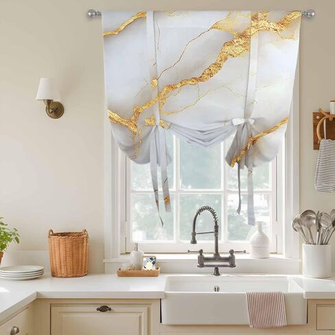 Marble Grey Tie Up Curtains for Window, Gold Texture Modern Crack Scenery Thermal Insulated Balloon Shade Adjustable Rod Pocket Curtains Valance Panels for Kitchen Bathroom Café 34'' x 45'' in Saudi Arabia