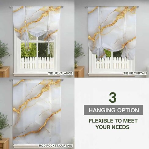 Marble Grey Tie Up Curtains for Window, Gold Texture Modern Crack Scenery Thermal Insulated Balloon Shade Adjustable Rod Pocket Curtains Valance Panels for Kitchen Bathroom Café 34'' x 45'' in Saudi Arabia