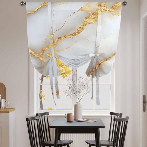 Marble Grey Tie Up Curtains for Window, Gold Texture Modern Crack Scenery Thermal Insulated Balloon Shade Adjustable Rod Pocket Curtains Valance Panels for Kitchen Bathroom Café 34'' x 45'' in Saudi Arabia