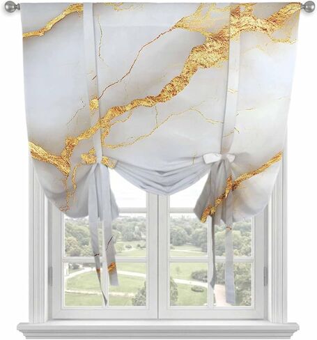 Marble Grey Tie Up Curtains for Window, Gold Texture Modern Crack Scenery Thermal Insulated Balloon Shade Adjustable Rod Pocket Curtains Valance Panels for Kitchen Bathroom Café 34'' x 45'' in Saudi Arabia