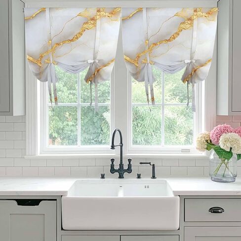 Marble Grey Tie Up Curtains for Window, Gold Texture Modern Crack Scenery Thermal Insulated Balloon Shade Adjustable Rod Pocket Curtains Valance Panels for Kitchen Bathroom Café 34'' x 45'' in Saudi Arabia