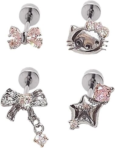 4Pcs Cute Star Cat Bowknot Cartilage Flat Back Stud Earrings for Women 20G Shiny Cubic Zirconia Crystal Bow Conch Helix Studs Earrings Dainty Cartilage Piercing Jewelry Earrings Set in Saudi Arabia