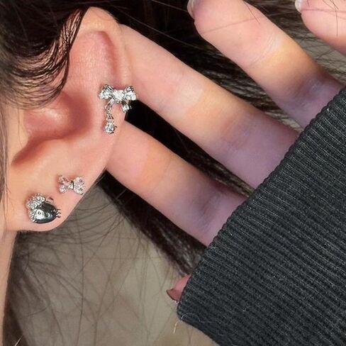 4Pcs Cute Star Cat Bowknot Cartilage Flat Back Stud Earrings for Women 20G Shiny Cubic Zirconia Crystal Bow Conch Helix Studs Earrings Dainty Cartilage Piercing Jewelry Earrings Set in Saudi Arabia