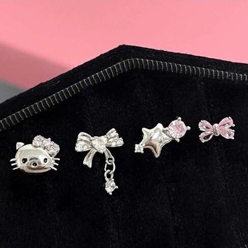 4Pcs Cute Star Cat Bowknot Cartilage Flat Back Stud Earrings for Women 20G Shiny Cubic Zirconia Crystal Bow Conch Helix Studs Earrings Dainty Cartilage Piercing Jewelry Earrings Set in Saudi Arabia