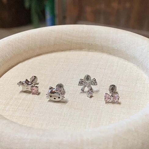 4Pcs Cute Star Cat Bowknot Cartilage Flat Back Stud Earrings for Women 20G Shiny Cubic Zirconia Crystal Bow Conch Helix Studs Earrings Dainty Cartilage Piercing Jewelry Earrings Set in Saudi Arabia