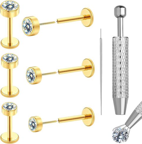 VOJO 20G 3 Pairs Moissanite & Titanium Flat back Earrings, Threadless Labret Stud for Women, Tragus Cartilage Nose Piercing Jewelry, Hypoallergenic Body Earrings in Kuwait