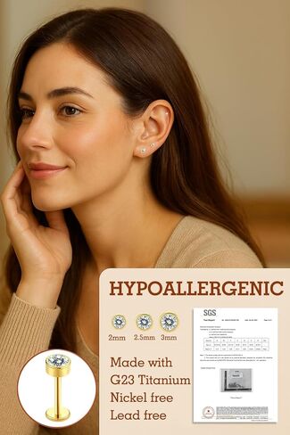 VOJO 20G 3 أزواج من الأقراط المويسانتي والتيتانيوم ذات الظهر المسطح، مسمار لابريت بدون خيوط للنساء، مجوهرات ثقب الأنف الغضروف الزنمة، أقراط للجسم لا تسبب الحساسية in Kuwait