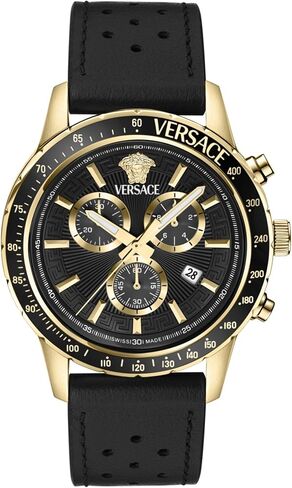 Versace Sport Chrono Collection Luxury Mens Watch Timepieces with a Black Strap and Dial Featuring a Gold Case in Saudi Arabia