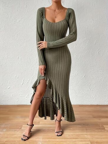 Women Autumn Winte Long Knitted Dr Square Collar Slit Midi Dr Spring Seasonal Wear Dresses in Saudi Arabia