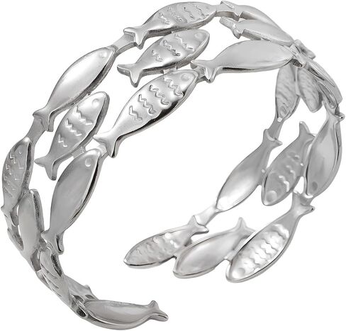YWMAN Silver Fish Adjustable Cuff Bracelet, Sealife Lovers Open Bangle, Stainless Steel Statement Jewelry for Women in Saudi Arabia