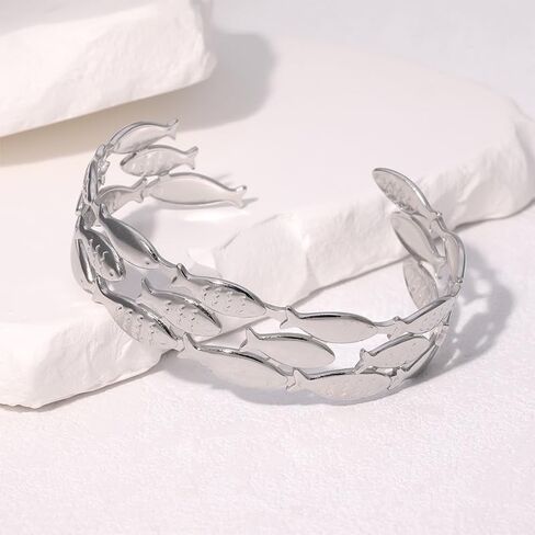 YWMAN Silver Fish Adjustable Cuff Bracelet, Sealife Lovers Open Bangle, Stainless Steel Statement Jewelry for Women in Saudi Arabia