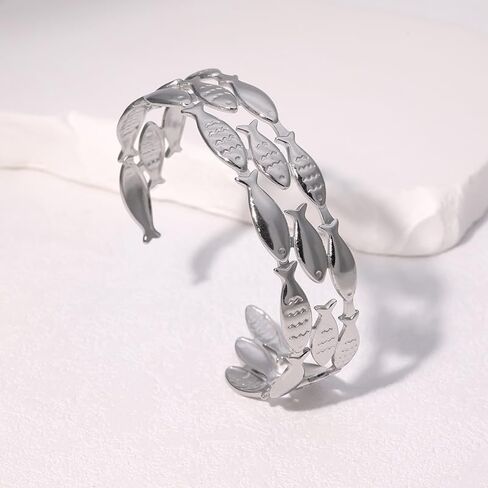 YWMAN Silver Fish Adjustable Cuff Bracelet, Sealife Lovers Open Bangle, Stainless Steel Statement Jewelry for Women in Saudi Arabia
