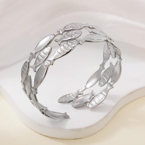 YWMAN Silver Fish Adjustable Cuff Bracelet, Sealife Lovers Open Bangle, Stainless Steel Statement Jewelry for Women in Saudi Arabia