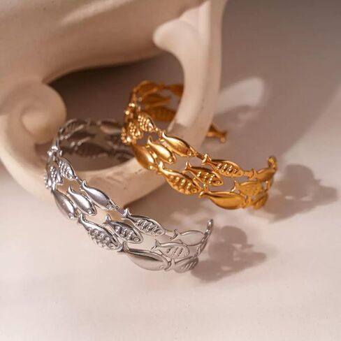 YWMAN Silver Fish Adjustable Cuff Bracelet, Sealife Lovers Open Bangle, Stainless Steel Statement Jewelry for Women in Saudi Arabia
