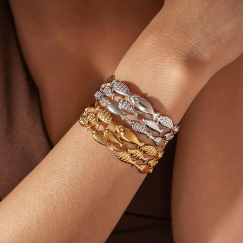 YWMAN Silver Fish Adjustable Cuff Bracelet, Sealife Lovers Open Bangle, Stainless Steel Statement Jewelry for Women in Saudi Arabia