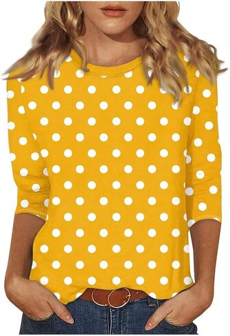 Polka Dot Tops for Womens Blouses Dressy 3/4 Sleeve T Shirts Crew Neck Graphic Tees Trendy Tunic Tops Summer Outfits in Saudi Arabia