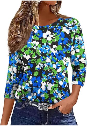 3/4 Length Sleeve Womens Tops Trendy Crew Neck T Shirts Floral Print Tunic Tops Comfy Graphic Tees for Womens Blouses in Saudi Arabia