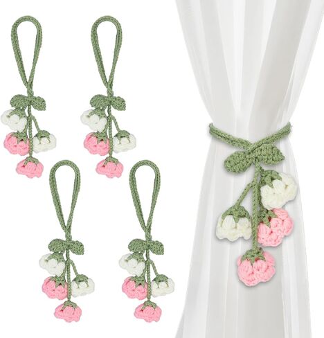 Flower Curtain Tiebacks, 4pcs Lily-of-The-Valley Curtains Holdbacks, Cute Curtain Holdbacks - No Drill Rope Holder, Drape Knitting Handmade for Nursery&Children's Room Decor (Pinkish/White) in Saudi Arabia