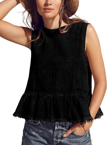Huaqiao Womens Summer Sleeveless Denim Tops Button Back Crew Neck Jean Vest Ruffle Hem Y2K Tank Tops Shirts in Saudi Arabia