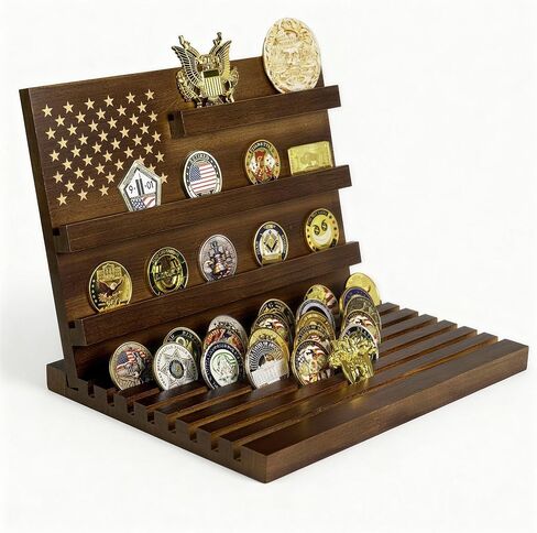 عرض عملات التحدي، حامل عملات التحدي، عرض عملات معدنية 11 صفًا مع العلم الأمريكي، حامل عملات معدنية عسكرية من الخشب الصلب يحمل 80-90 عملة معدنية، حاملات عملات سطح المكتب لهواة الجمع (جوز) in Kuwait