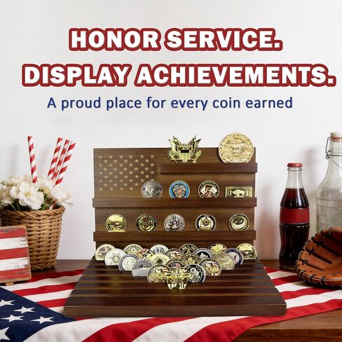 عرض عملات التحدي، حامل عملات التحدي، عرض عملات معدنية 11 صفًا مع العلم الأمريكي، حامل عملات معدنية عسكرية من الخشب الصلب يحمل 80-90 عملة معدنية، حاملات عملات سطح المكتب لهواة الجمع (جوز) in Kuwait