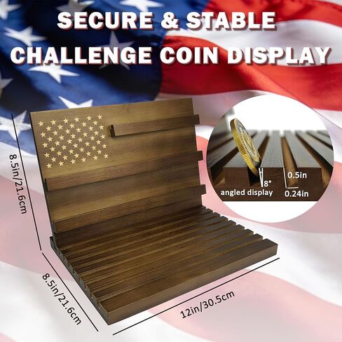 عرض عملات التحدي، حامل عملات التحدي، عرض عملات معدنية 11 صفًا مع العلم الأمريكي، حامل عملات معدنية عسكرية من الخشب الصلب يحمل 80-90 عملة معدنية، حاملات عملات سطح المكتب لهواة الجمع (جوز) in Kuwait