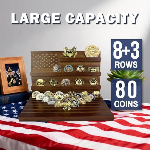 عرض عملات التحدي، حامل عملات التحدي، عرض عملات معدنية 11 صفًا مع العلم الأمريكي، حامل عملات معدنية عسكرية من الخشب الصلب يحمل 80-90 عملة معدنية، حاملات عملات سطح المكتب لهواة الجمع (جوز) in Kuwait