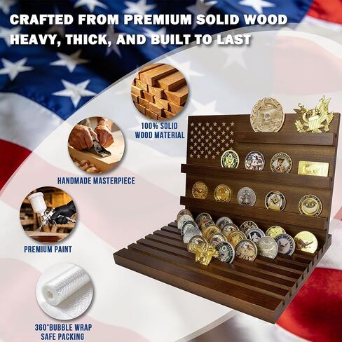 عرض عملات التحدي، حامل عملات التحدي، عرض عملات معدنية 11 صفًا مع العلم الأمريكي، حامل عملات معدنية عسكرية من الخشب الصلب يحمل 80-90 عملة معدنية، حاملات عملات سطح المكتب لهواة الجمع (جوز) in Kuwait