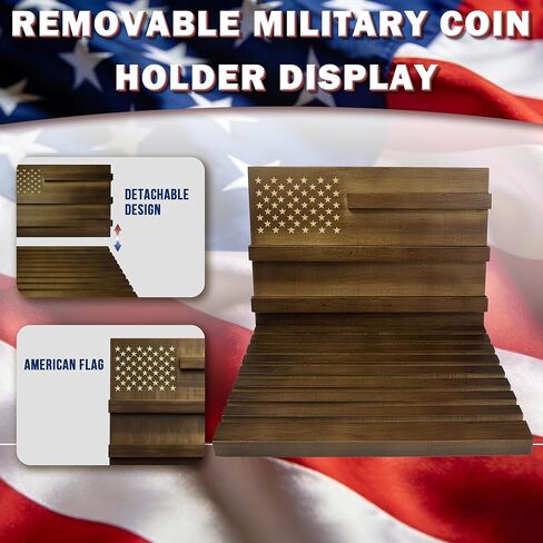 عرض عملات التحدي، حامل عملات التحدي، عرض عملات معدنية 11 صفًا مع العلم الأمريكي، حامل عملات معدنية عسكرية من الخشب الصلب يحمل 80-90 عملة معدنية، حاملات عملات سطح المكتب لهواة الجمع (جوز) in Kuwait