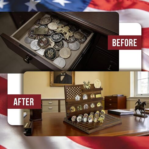 عرض عملات التحدي، حامل عملات التحدي، عرض عملات معدنية 11 صفًا مع العلم الأمريكي، حامل عملات معدنية عسكرية من الخشب الصلب يحمل 80-90 عملة معدنية، حاملات عملات سطح المكتب لهواة الجمع (جوز) in Kuwait