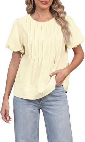Funlingo Womens Puff Sleeve Babydoll Tops Summer Crew Neck Pleated Blouses Casual Loose Fit Flowy Swing Shirts in Kuwait