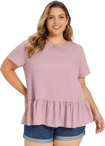 Plus Size Babydoll Tops for Women Crew Neck Short Sleeve Summer Shirts Loose Fit Flowy Casual Blouses in Saudi Arabia