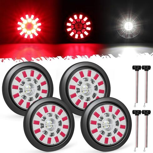 Partsam 4PCS 4 Inch Round LED Trailer Tail Lights 24 LEDs - Stop Turn Tail Brake Reverse Backup Combo Red/White - IP67 Waterproof Flush Mount Grommet Kit 10-30V for Truck RV Trailer, Patent Pending in Saudi Arabia