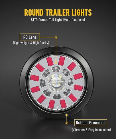 Partsam 4PCS 4 Inch Round LED Trailer Tail Lights 24 LEDs - Stop Turn Tail Brake Reverse Backup Combo Red/White - IP67 Waterproof Flush Mount Grommet Kit 10-30V for Truck RV Trailer, Patent Pending in Saudi Arabia