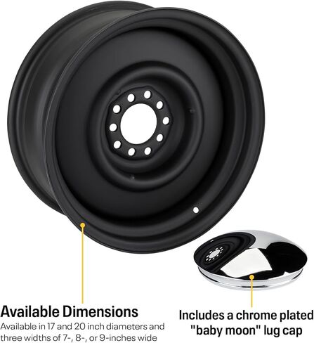 Speedway Motors Smoothie Steel Wheel 17x7 ساتان أسود 5x5 نمط بولت 5.5 بوصة مسافة خلفية كلاسيكية على شكل عصير حافة فولاذية مع غطاء قمر صغير لشاحنة SUV Hot Rod بنيات مخصصة in Saudi Arabia