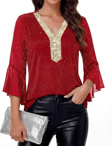 Women Ruffle 3/4 Sleeve Dressy Sequin Blouses V Neck Sparkly Tunic Top Double Layer Mesh Flowy Shirts Holiday Party in Saudi Arabia