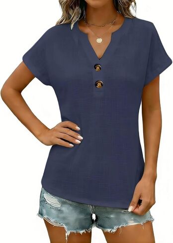 Linen Shirts for Women 2026 Summer Short Sleeve Tunic Tops Dressy Casual Button Henley V Neck Blouses Trendy Clothing in Saudi Arabia