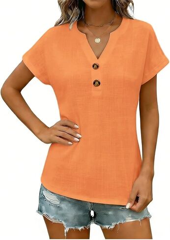 Linen Shirts for Women 2026 Summer Short Sleeve Tunic Tops Dressy Casual Button Henley V Neck Blouses Trendy Clothing in Saudi Arabia