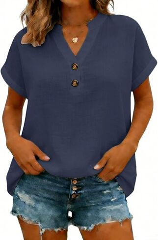 Linen Shirts for Women 2026 Summer Short Sleeve Tunic Tops Dressy Casual Button Henley V Neck Blouses Trendy Clothing in Saudi Arabia