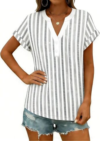 Linen Shirts for Women 2026 Summer Short Sleeve Tunic Tops Dressy Casual Button Henley V Neck Blouses Trendy Clothing in Saudi Arabia