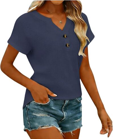 Linen Shirts for Women 2026 Summer Short Sleeve Tunic Tops Dressy Casual Button Henley V Neck Blouses Trendy Clothing in Saudi Arabia