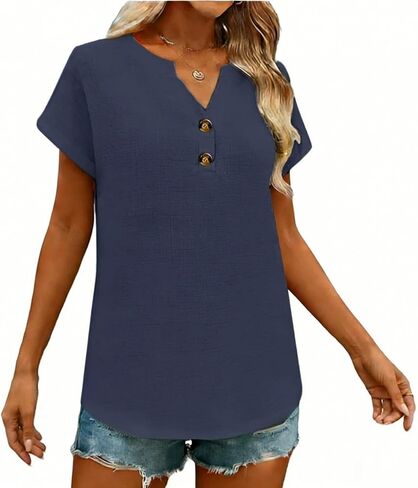 Linen Shirts for Women 2026 Summer Short Sleeve Tunic Tops Dressy Casual Button Henley V Neck Blouses Trendy Clothing in Saudi Arabia
