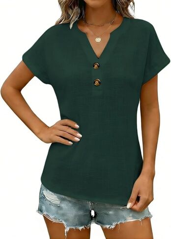 Linen Shirts for Women 2026 Summer Short Sleeve Tunic Tops Dressy Casual Button Henley V Neck Blouses Trendy Clothing in Saudi Arabia