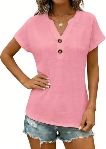 Linen Shirts for Women 2026 Summer Short Sleeve Tunic Tops Dressy Casual Button Henley V Neck Blouses Trendy Clothing in Saudi Arabia