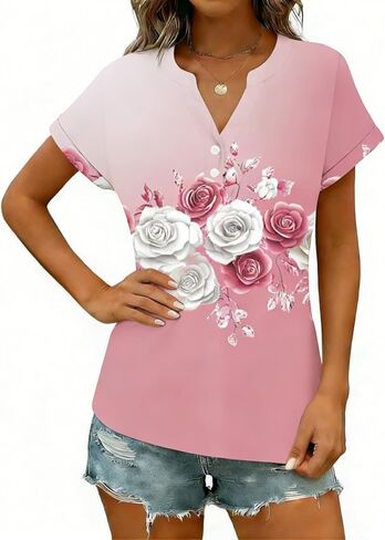 Linen Shirts for Women 2026 Summer Short Sleeve Tunic Tops Dressy Casual Button Henley V Neck Blouses Trendy Clothing in Saudi Arabia