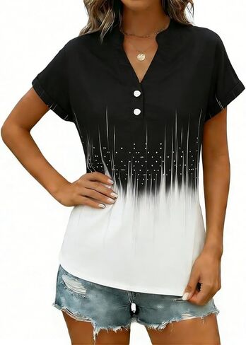 Linen Shirts for Women 2026 Summer Short Sleeve Tunic Tops Dressy Casual Button Henley V Neck Blouses Trendy Clothing in Saudi Arabia